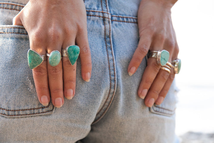 Lovely Amazonite Ring in Beaten Sterling Silver Setting and Adjustable Band - Amazonite Jewelry - Gemstone Ring