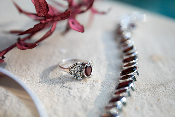 Lovely Garnet Ring set in Sterling Silver Filigree Band - Size 7 US