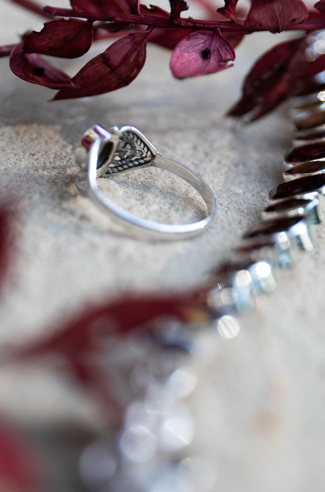 Lovely Garnet Ring set in Sterling Silver Filigree Band - Size 7 US
