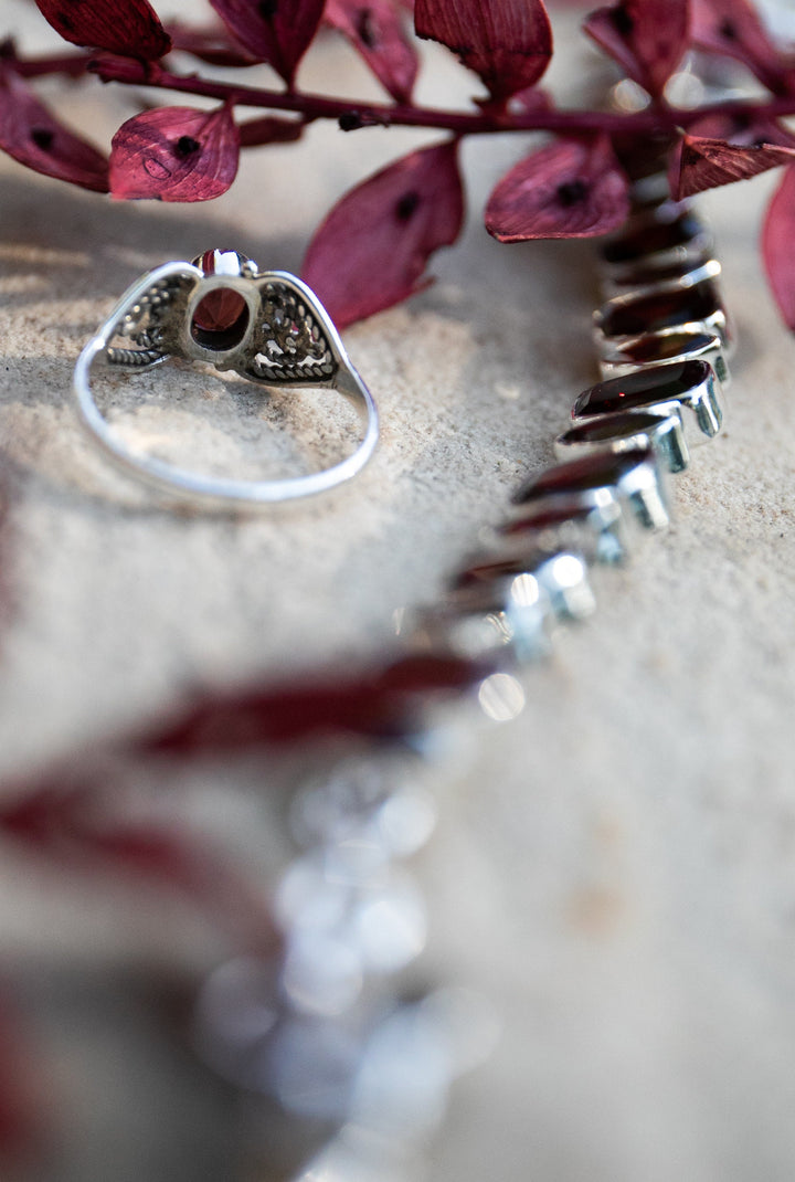 Lovely Garnet Ring set in Sterling Silver Filigree Band - Size 7 US