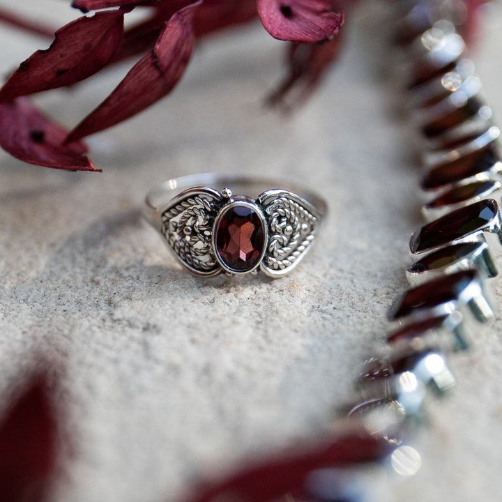 Lovely Garnet Ring set in Sterling Silver Filigree Band - Size 7 US