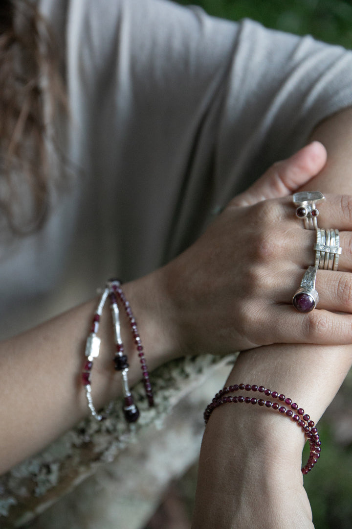 Double Garnet Bracelet with Thai Hill Tribe Silver and Om Charm
