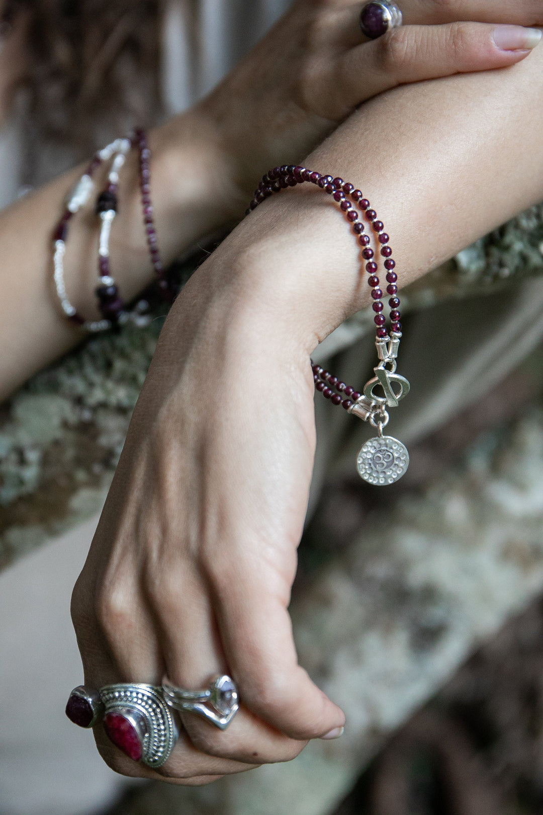 Double Garnet Bracelet with Thai Hill Tribe Silver and Om Charm