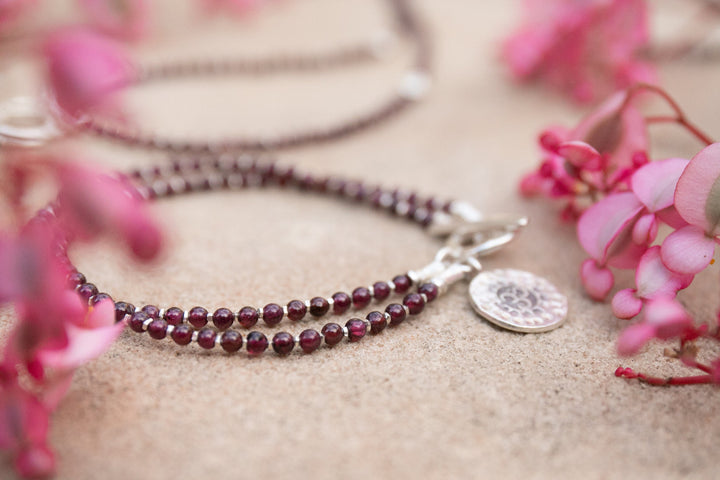 Double Garnet Bracelet with Thai Hill Tribe Silver and Om Charm