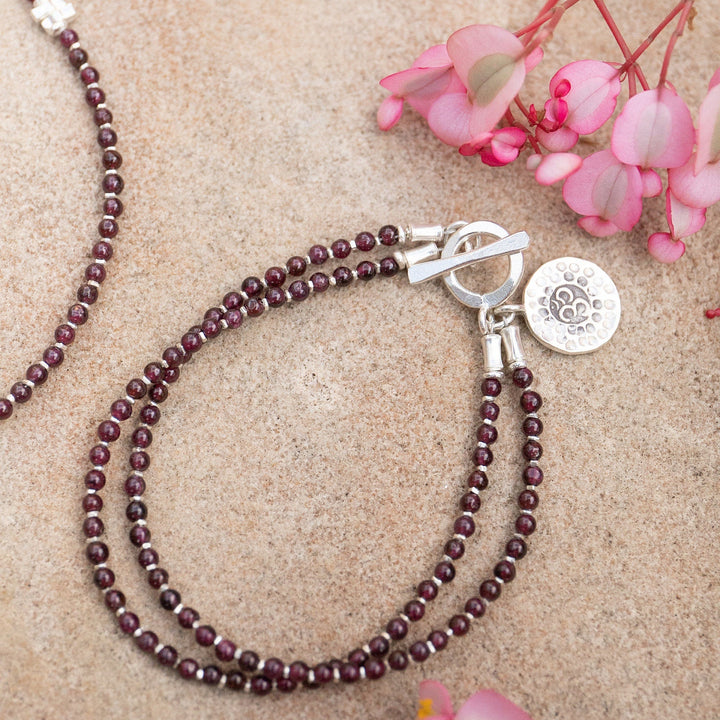 Double Garnet Bracelet with Thai Hill Tribe Silver and Om Charm