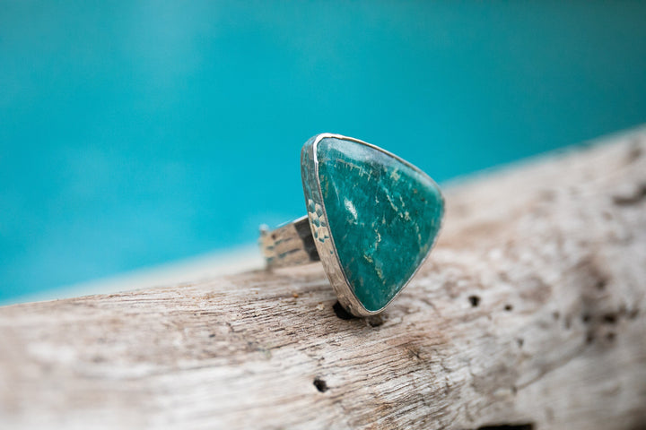 Lovely Amazonite Ring in Beaten Sterling Silver Setting and Adjustable Band - Amazonite Jewelry - Gemstone Ring