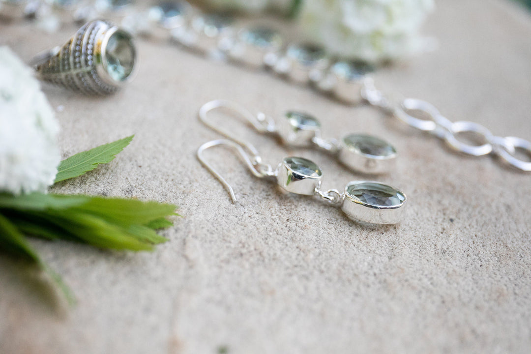 Double Drop Faceted Green Amethyst (Prasiolite) Earrings set in Sterling Silver