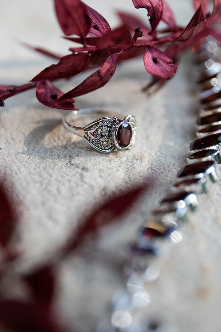 Lovely Garnet Ring set in Sterling Silver Filigree Band - Size 7 US
