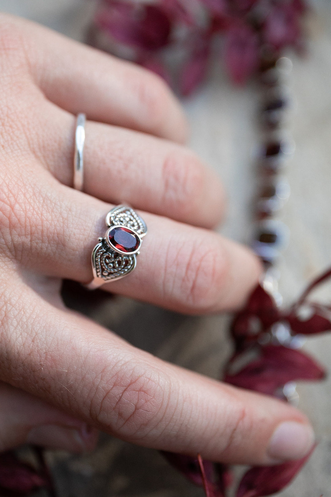 Lovely Garnet Ring set in Sterling Silver Filigree Band - Size 7 US