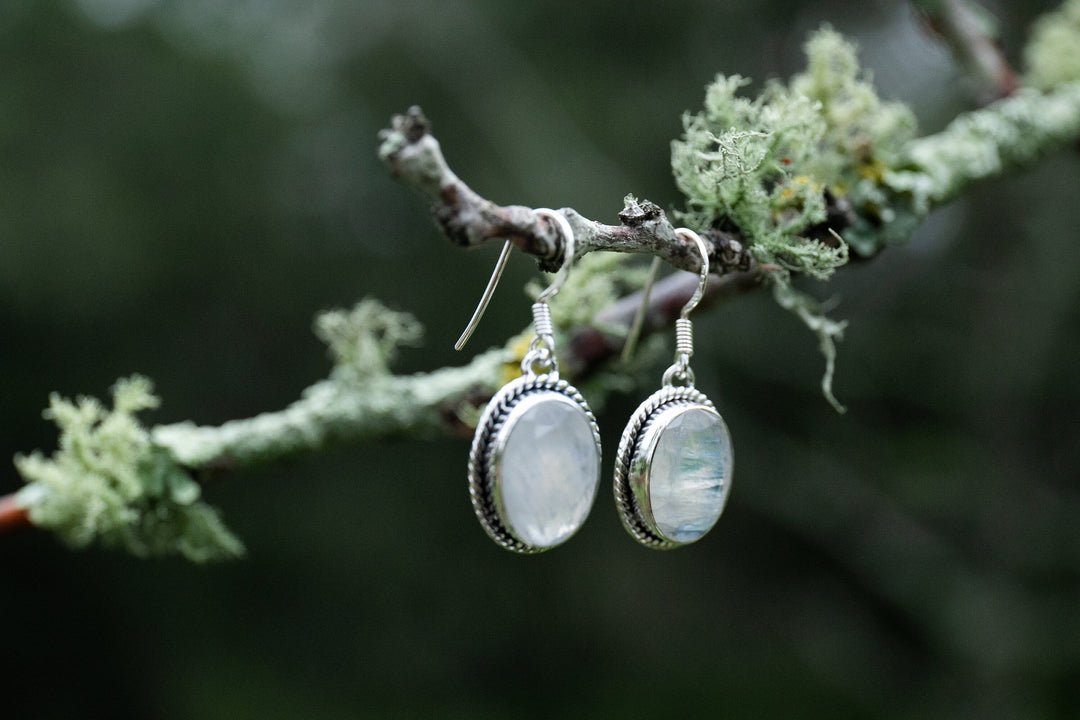 Faceted Oval Rainbow Moonstone Earrings in Tribal Sterling Silver Setting