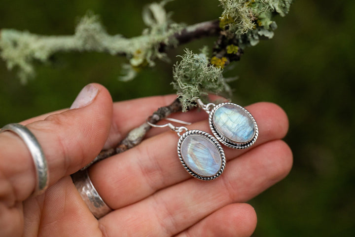 Faceted Oval Rainbow Moonstone Earrings in Tribal Sterling Silver Setting
