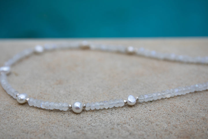 Freshwater Pearl, Rainbow Moonstone and Thai Hill Tribe Silver Choker Necklace