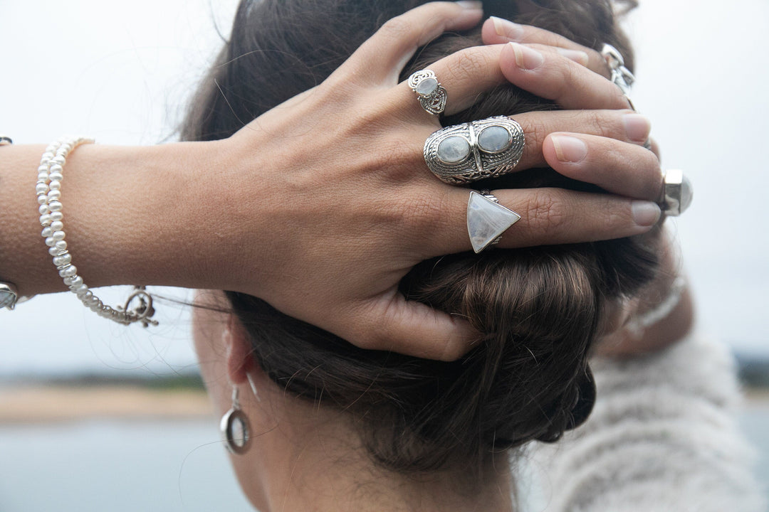 Large Double Rainbow Moonstone Ring in Tribal Sterling Silver Setting
