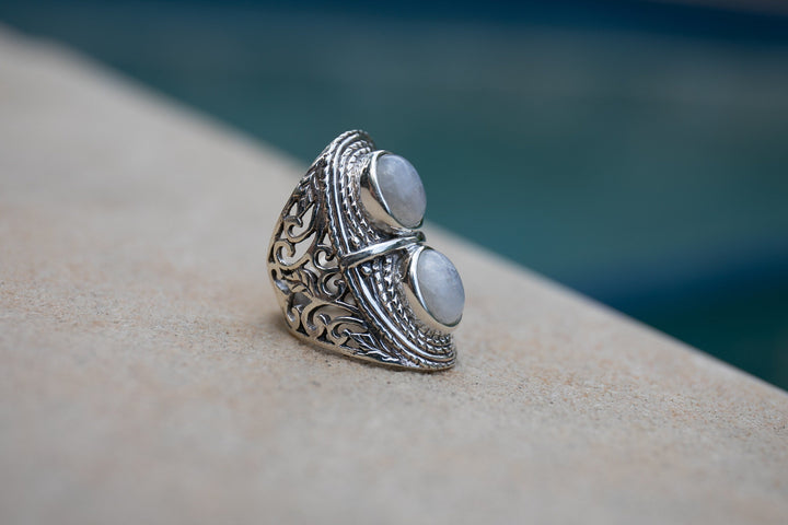 Large Double Rainbow Moonstone Ring in Tribal Sterling Silver Setting