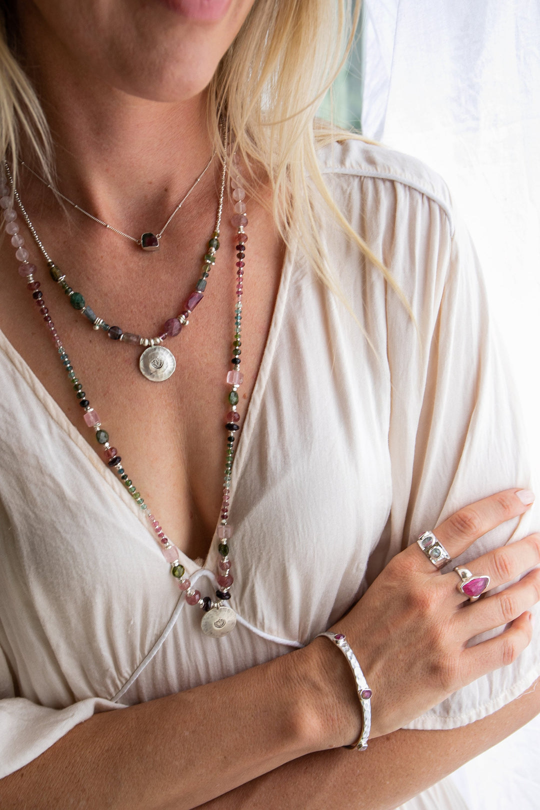 Stunning Statement Watermelon Tourmaline, Garnet, Strawberry Quartz + Rose Quartz and Thai Hill Tribe Silver Necklace