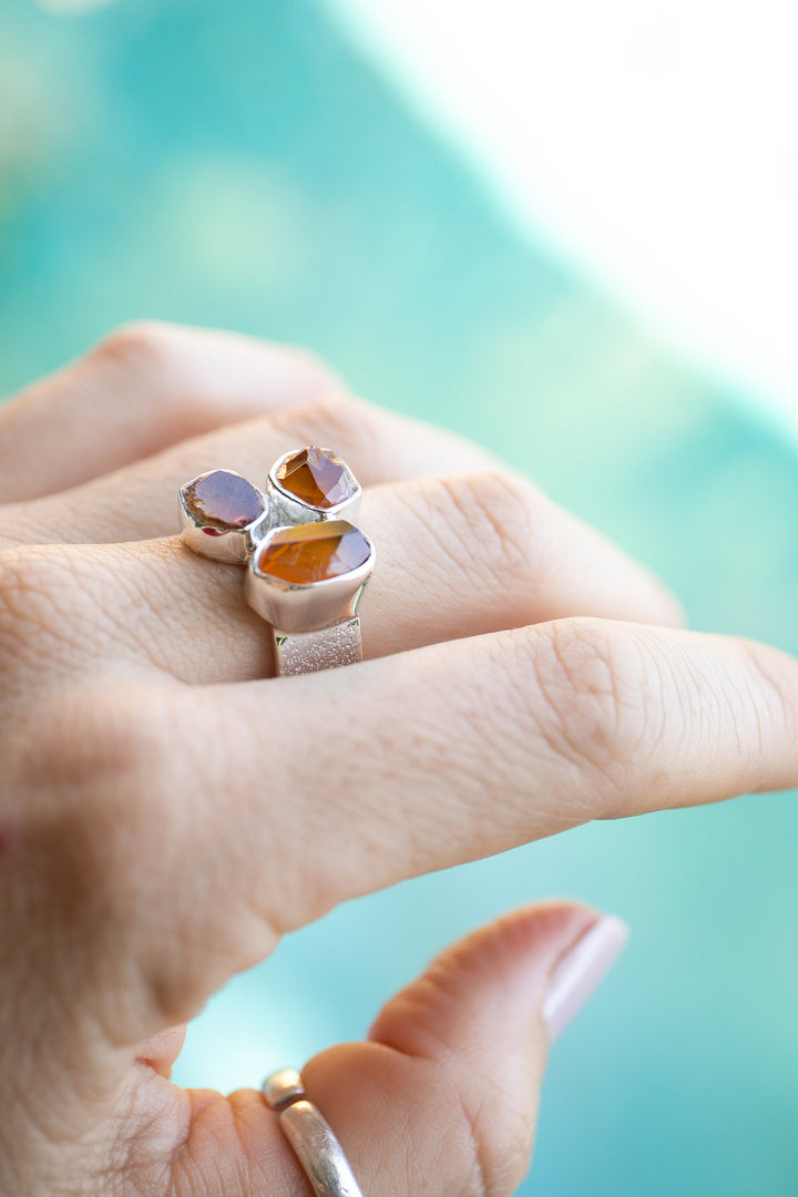 Triple Natural Raw Citrine Ring set in Textured Sterling Silver - Size 7 US