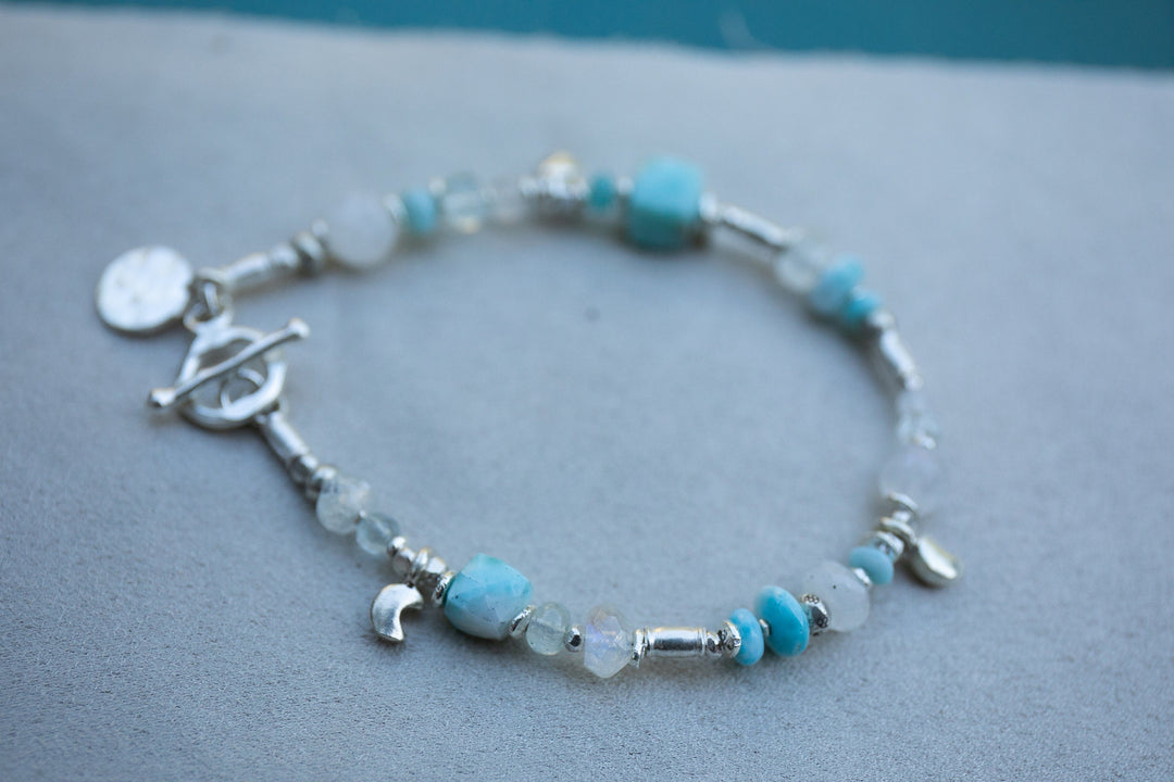Handmade Beaded Larimar, Rainbow Moonstone + Aquamarine Bracelet