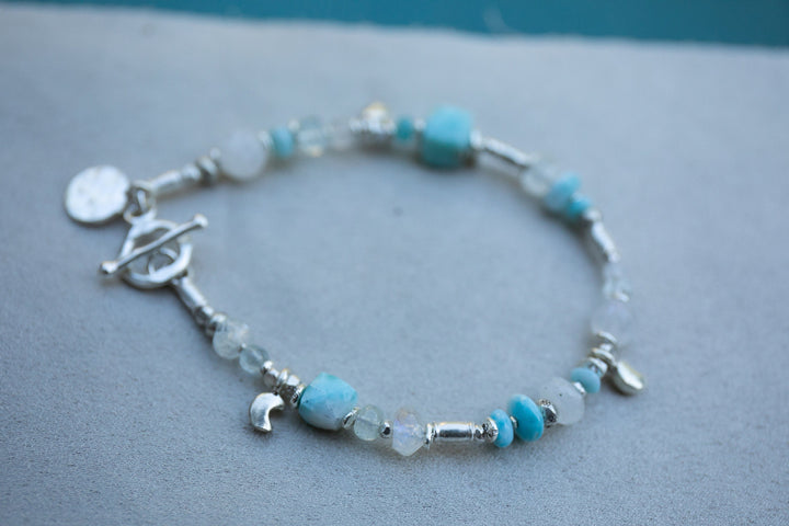Handmade Beaded Larimar, Rainbow Moonstone + Aquamarine Bracelet