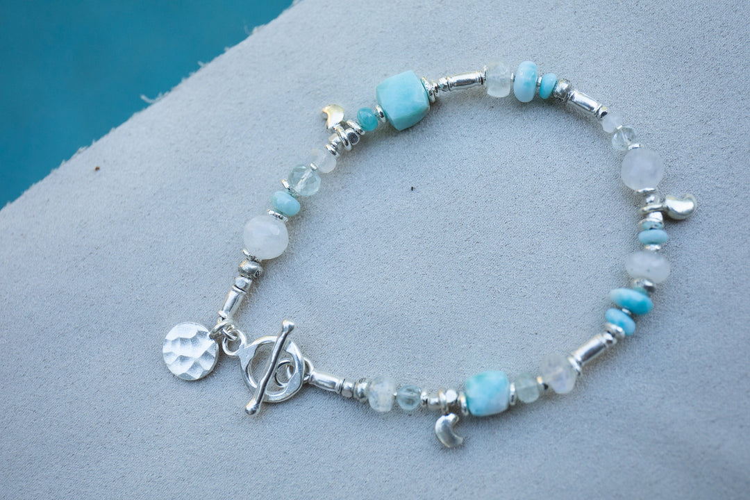Handmade Beaded Larimar, Rainbow Moonstone + Aquamarine Bracelet