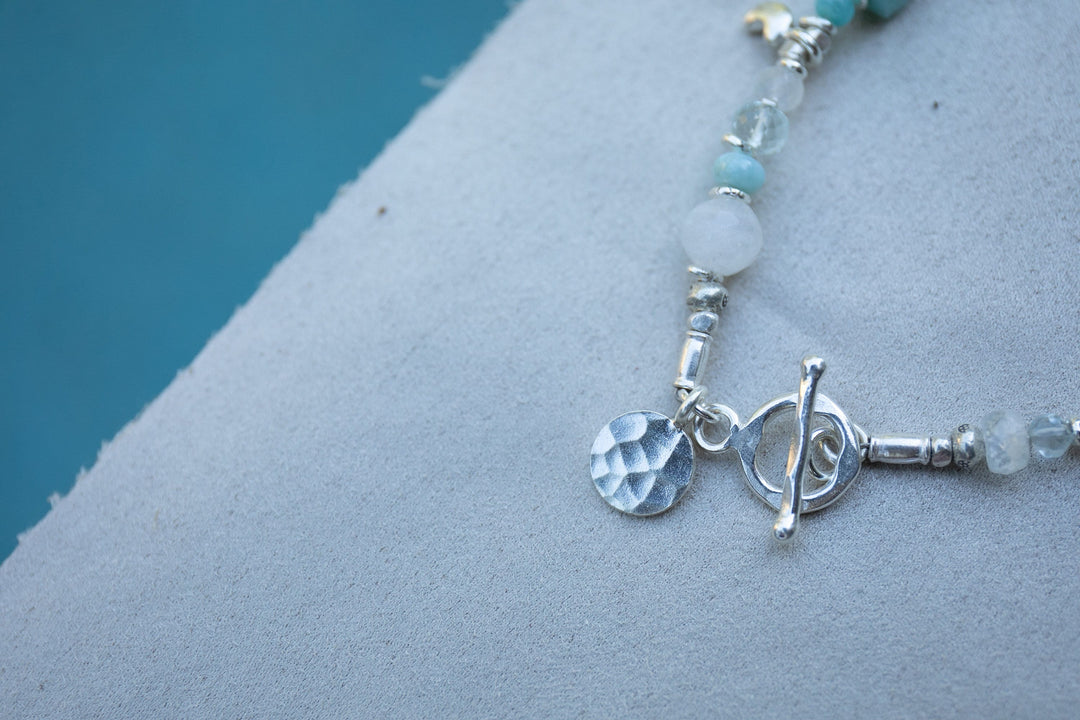 Handmade Beaded Larimar, Rainbow Moonstone + Aquamarine Bracelet