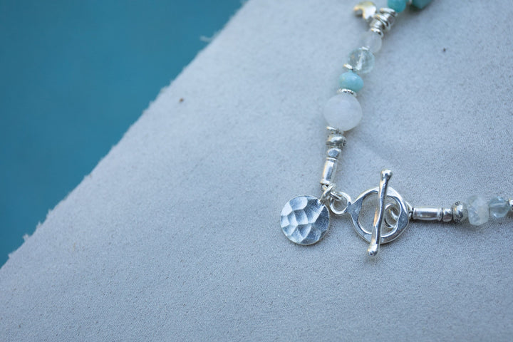 Handmade Beaded Larimar, Rainbow Moonstone + Aquamarine Bracelet