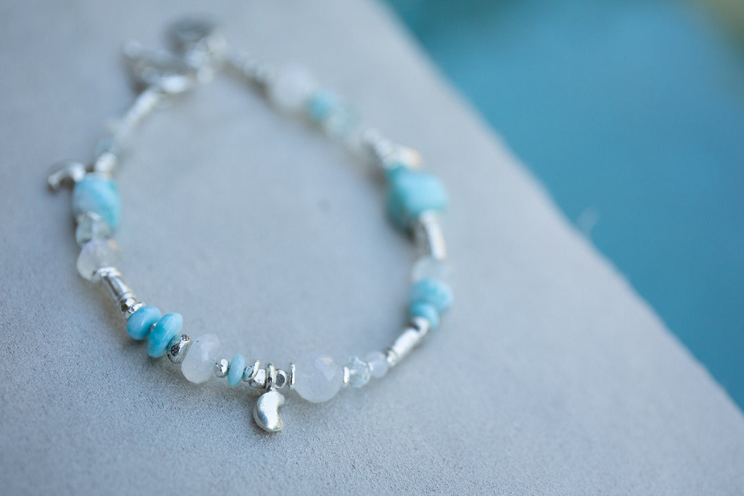 Handmade Beaded Larimar, Rainbow Moonstone + Aquamarine Bracelet