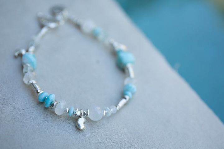 Handmade Beaded Larimar, Rainbow Moonstone + Aquamarine Bracelet
