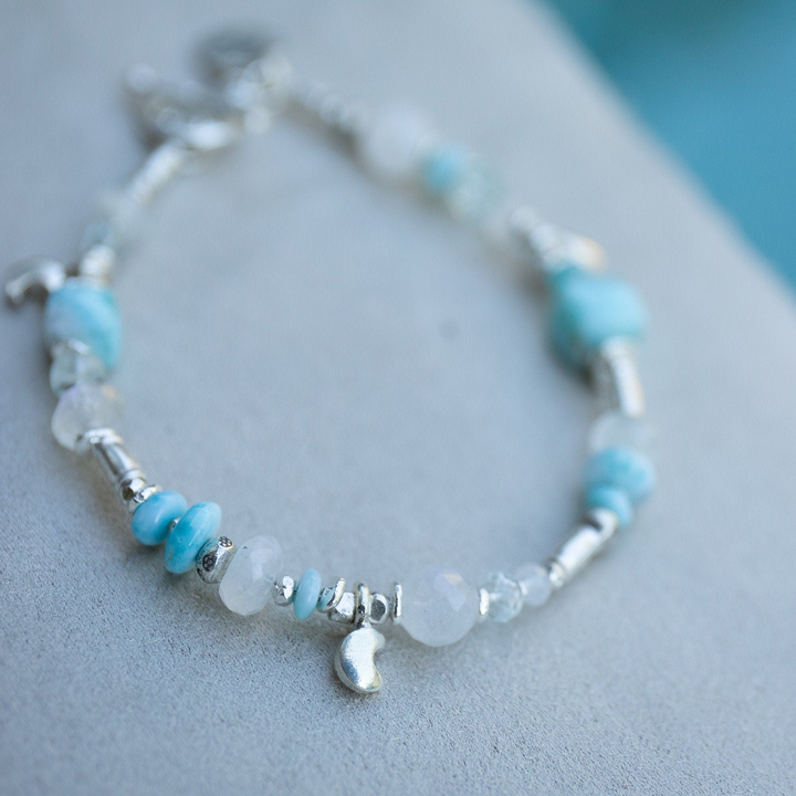 Handmade Beaded Larimar, Rainbow Moonstone + Aquamarine Bracelet
