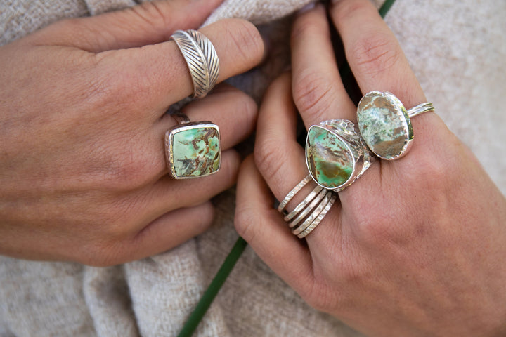 Variscite Teardrop Ring set in Beaten Bezel Sterling Silver - Size 6.5 US