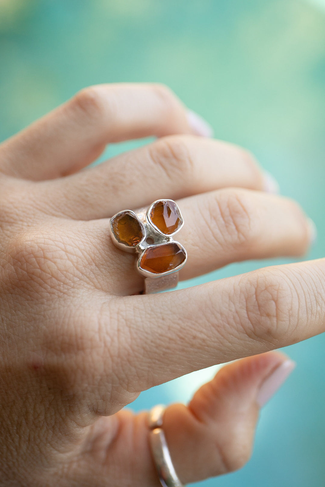 Triple Natural Raw Citrine Ring set in Textured Sterling Silver - Size 7 US