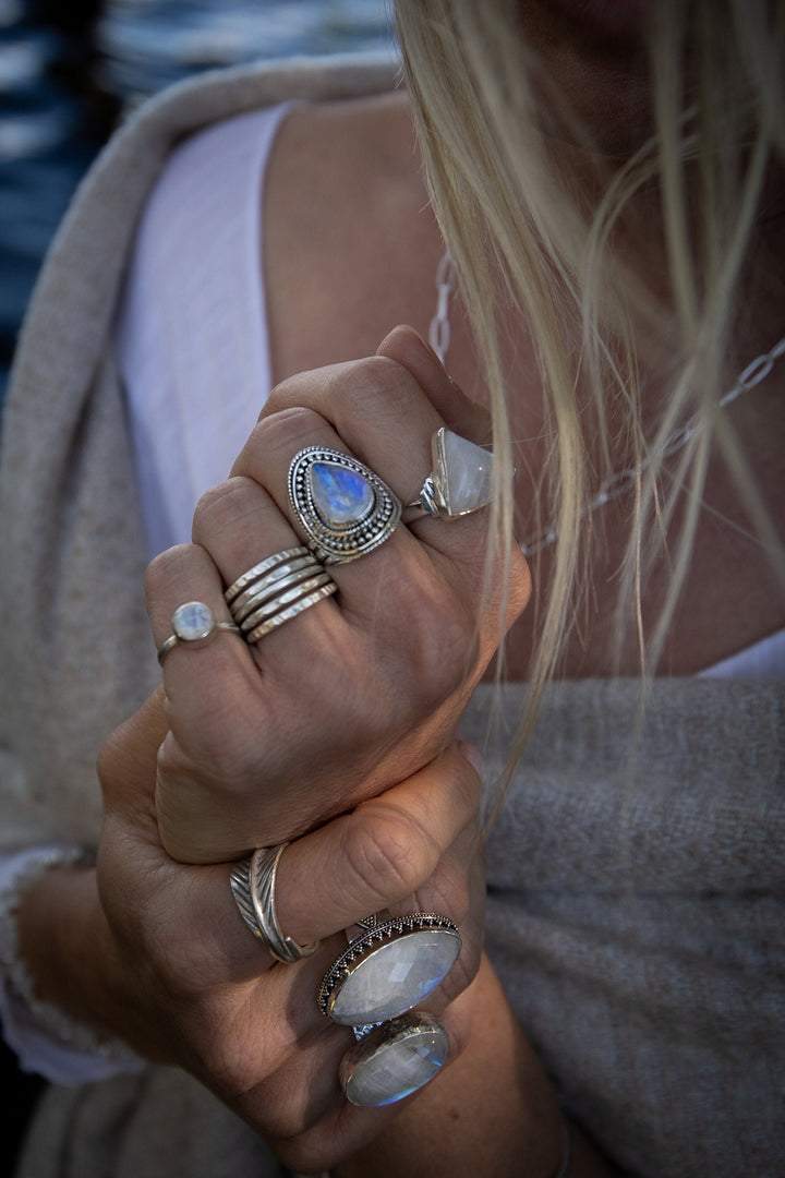 Faceted Rainbow Moonstone Ring in Tribal Sterling Silver Setting - Size 8 US