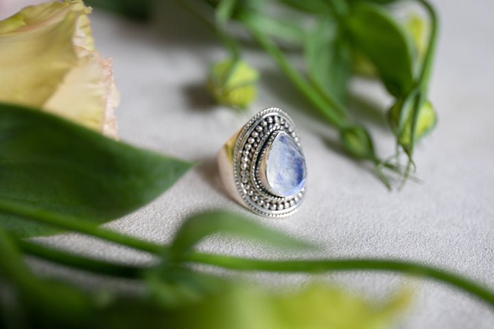 Faceted Rainbow Moonstone Ring in Tribal Sterling Silver Setting - Size 8 US