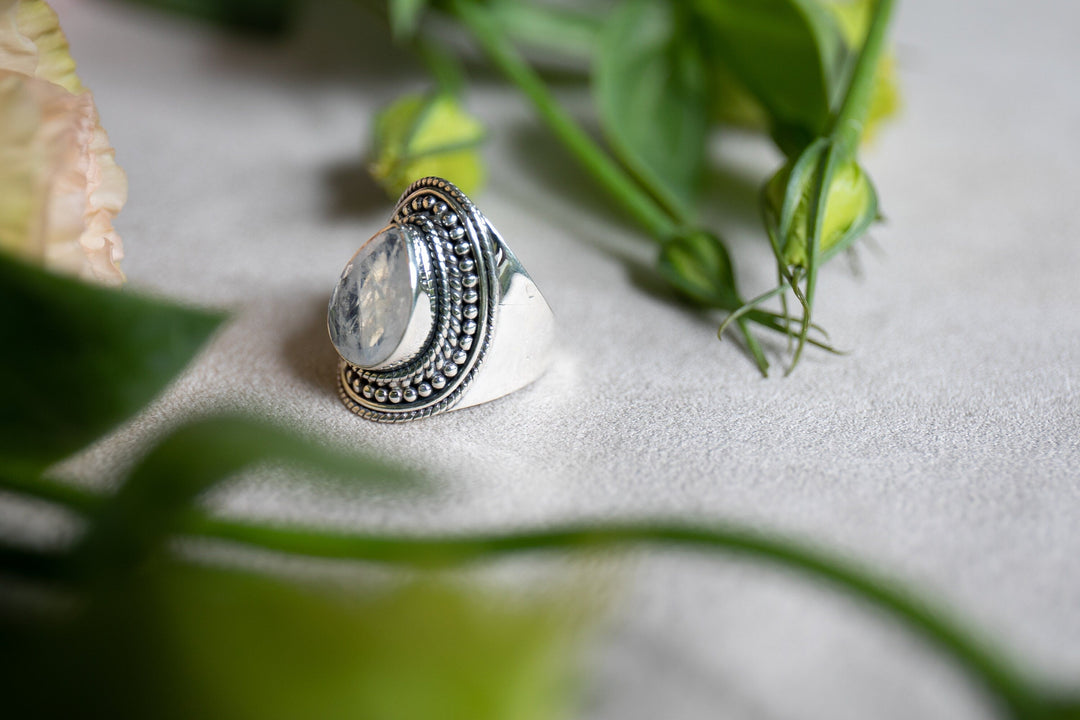 Faceted Rainbow Moonstone Ring in Tribal Sterling Silver Setting - Size 8 US