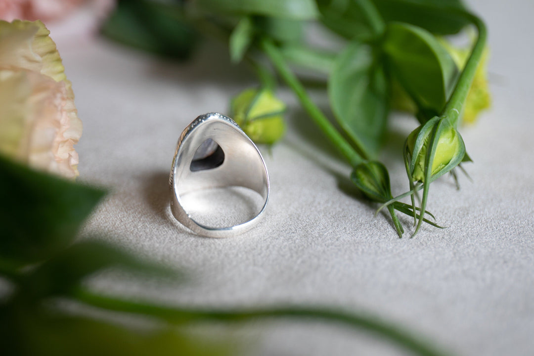 Faceted Rainbow Moonstone Ring in Tribal Sterling Silver Setting - Size 8 US