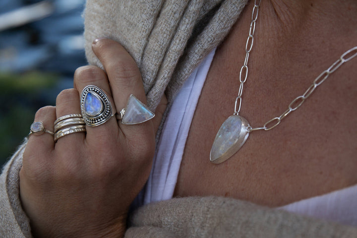 Faceted Rainbow Moonstone Ring in Tribal Sterling Silver Setting - Size 8 US