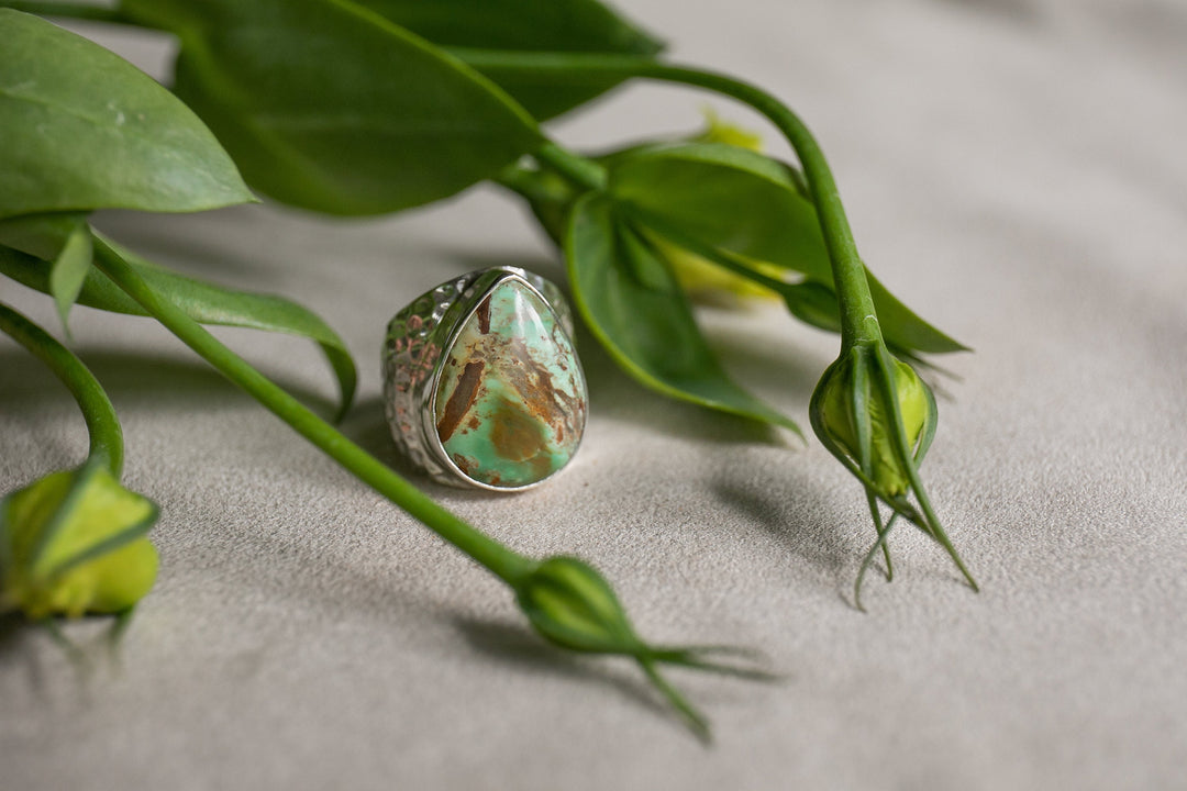 Variscite Teardrop Ring set in Beaten Bezel Sterling Silver - Size 6.5 US