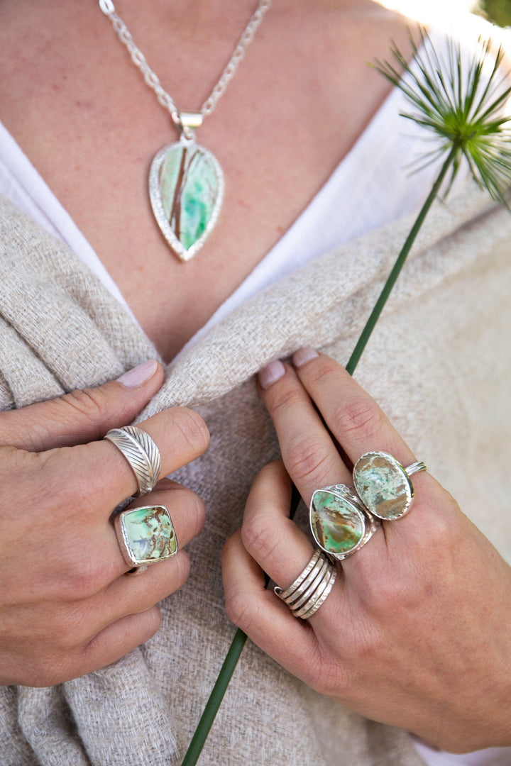 Variscite Teardrop Ring set in Beaten Bezel Sterling Silver - Size 6.5 US