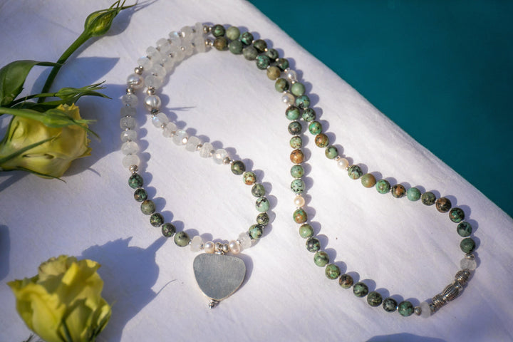Handmade African Turquoise, Pearl and Rainbow Moonstone 108 Mala Necklace with Thai Hill Tribe Silver