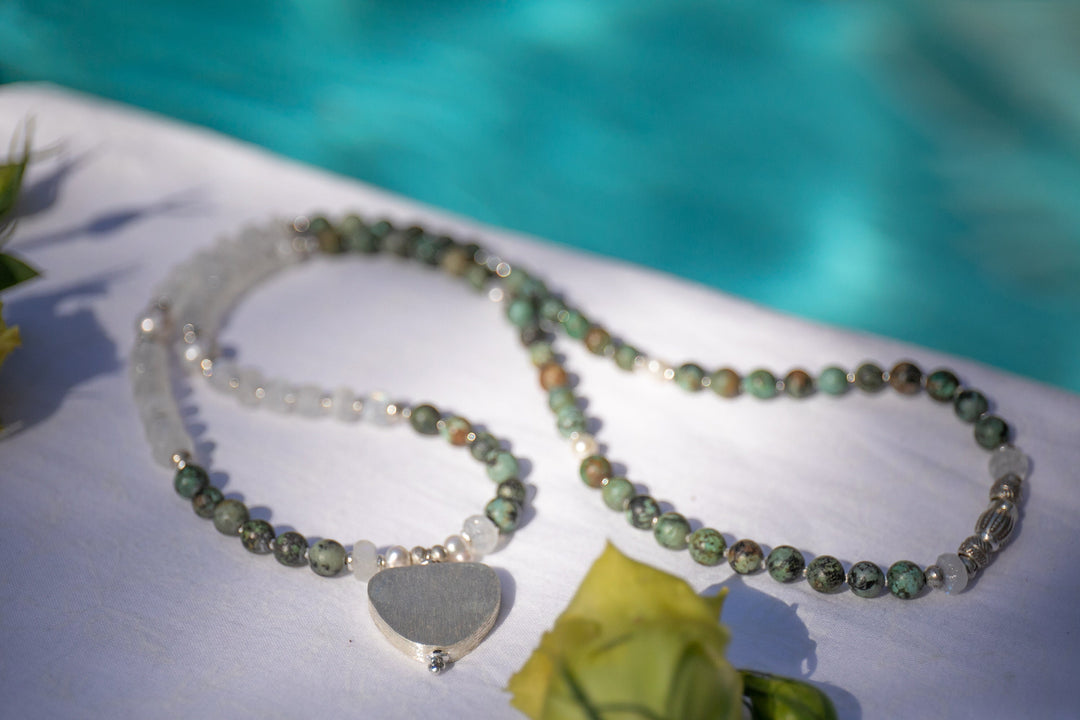 Handmade African Turquoise, Pearl and Rainbow Moonstone 108 Mala Necklace with Thai Hill Tribe Silver