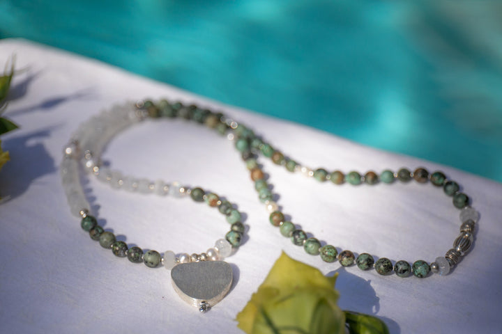 Handmade African Turquoise, Pearl and Rainbow Moonstone 108 Mala Necklace with Thai Hill Tribe Silver