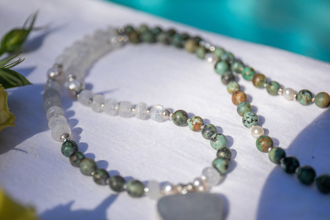 Handmade African Turquoise, Pearl and Rainbow Moonstone 108 Mala Necklace with Thai Hill Tribe Silver