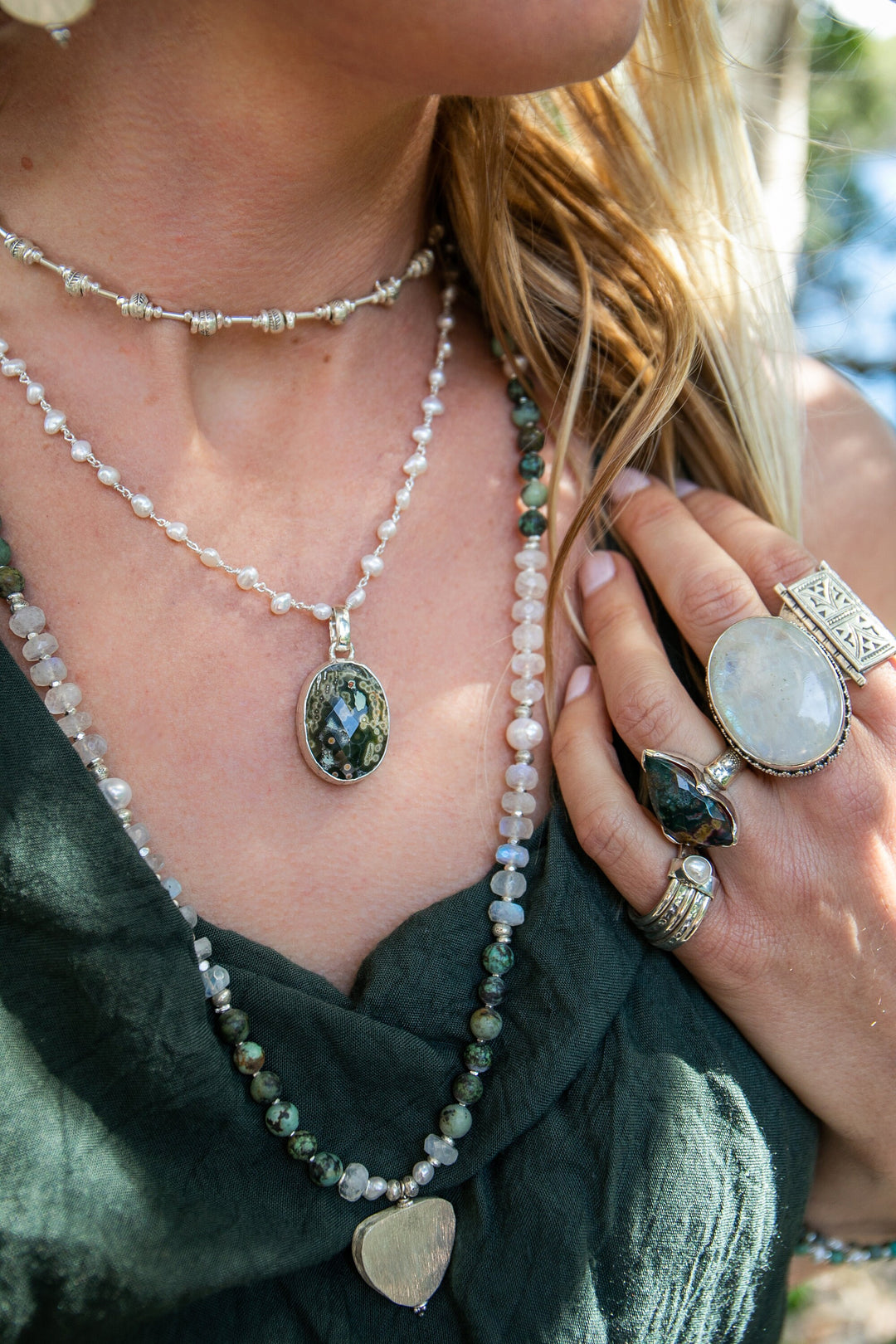 Handmade African Turquoise, Pearl and Rainbow Moonstone 108 Mala Necklace with Thai Hill Tribe Silver
