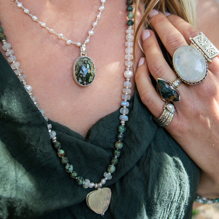 Handmade African Turquoise, Pearl and Rainbow Moonstone 108 Mala Necklace with Thai Hill Tribe Silver
