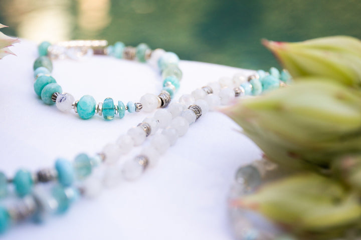 Larimar, Fluorite and Rainbow Moonstone Bracelet with Thai Hill Tribe Silver