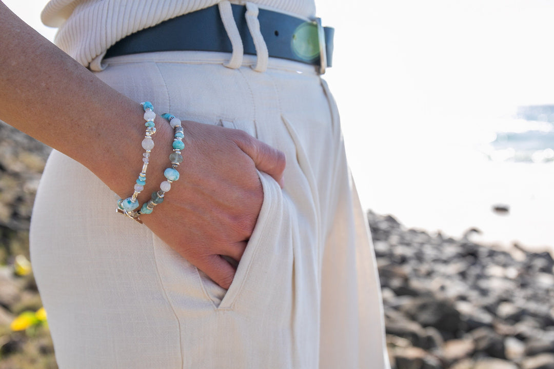 Larimar, Fluorite and Rainbow Moonstone Bracelet with Thai Hill Tribe Silver