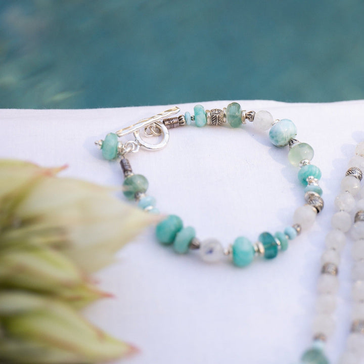 Larimar, Fluorite and Rainbow Moonstone Bracelet with Thai Hill Tribe Silver