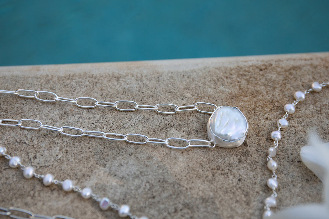 Freshwater Pearl Pendant set in Brushed Sterling Silver on Elegant Link Chain