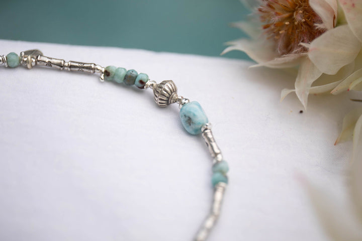 Beaded Larimar Anklet with Thai Hill Tribe Silver and Charms