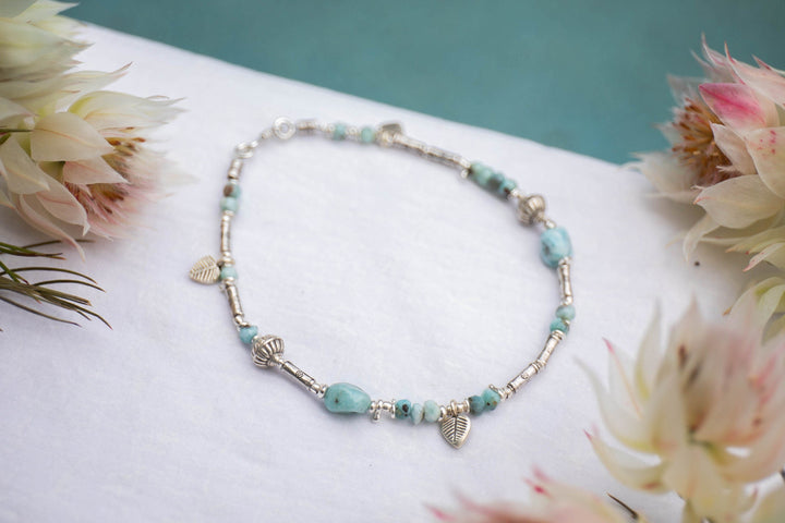 Beaded Larimar Anklet with Thai Hill Tribe Silver and Charms