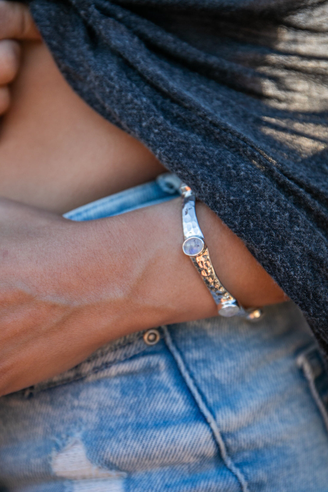 Rainbow Moonstone Bangle in Beaten Sterling Silver